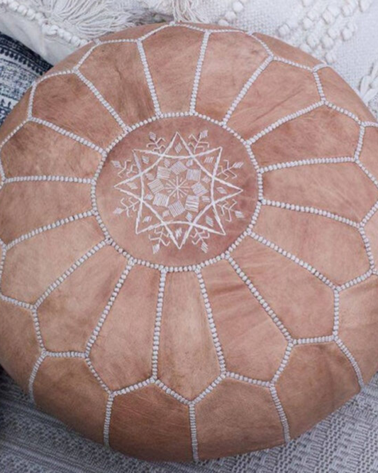 Natural tan Moroccan leather pouf handmade from full grain lambskin leather 