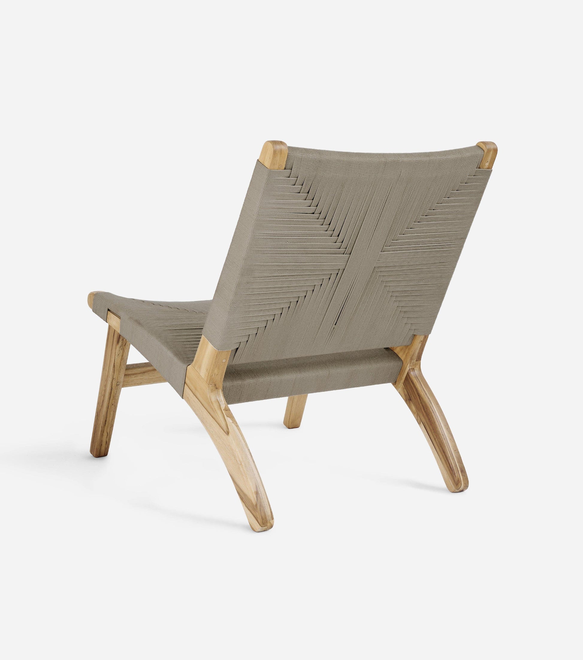 Natural wood cord chair featuring soft neutral handwoven seat and back detail 