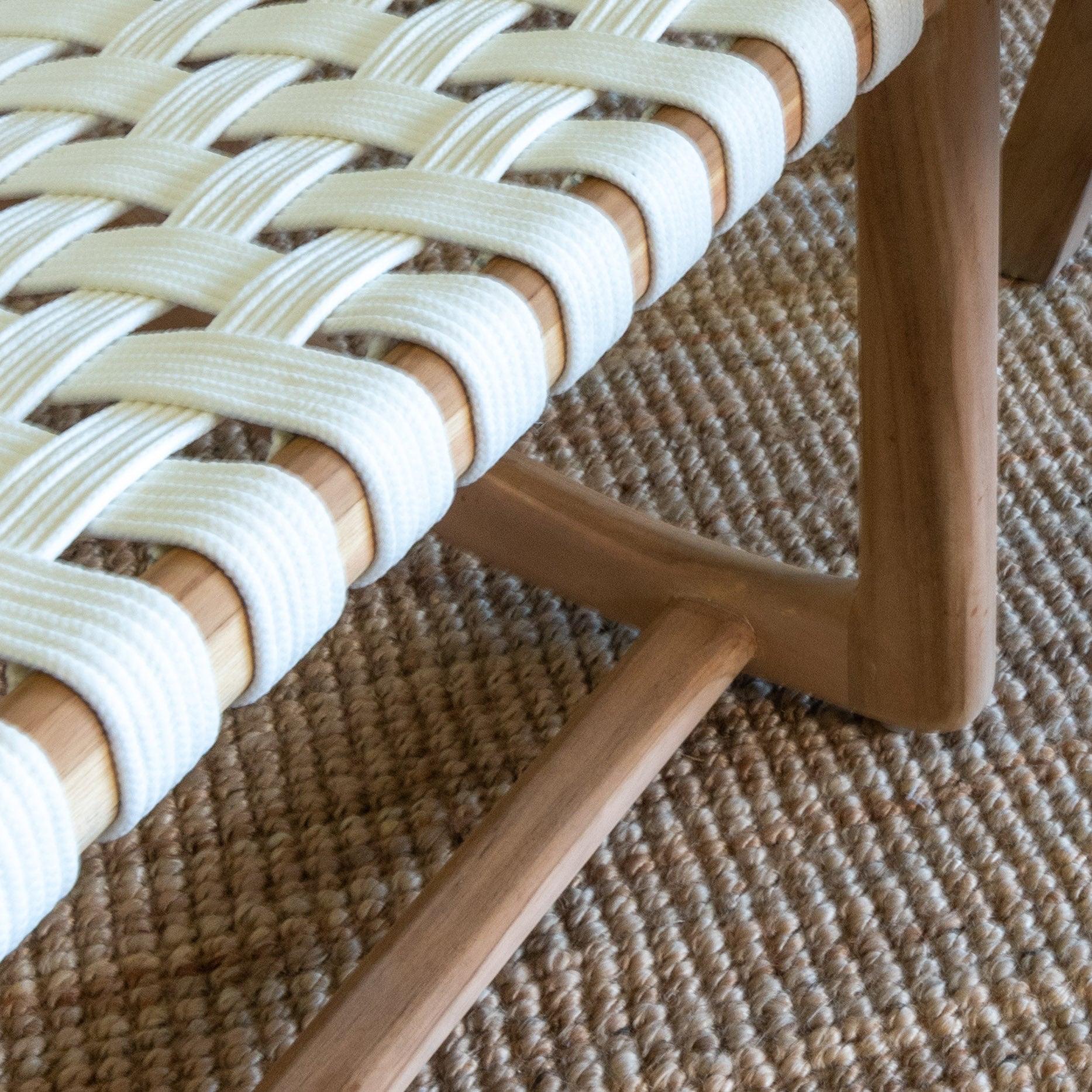 Natural wood and white leather woven chair 