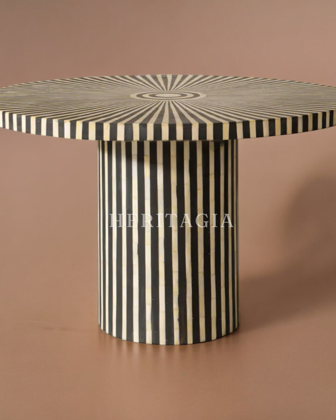 Orbit bone inlay coffee table in black and white handcrafted design 