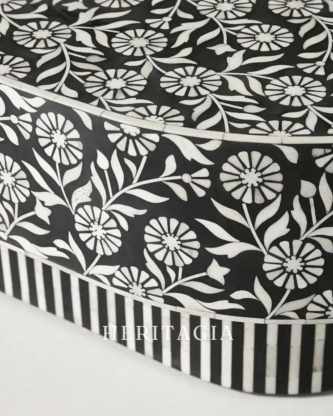 Oval Moroccan bone inlay coffee table in black and white