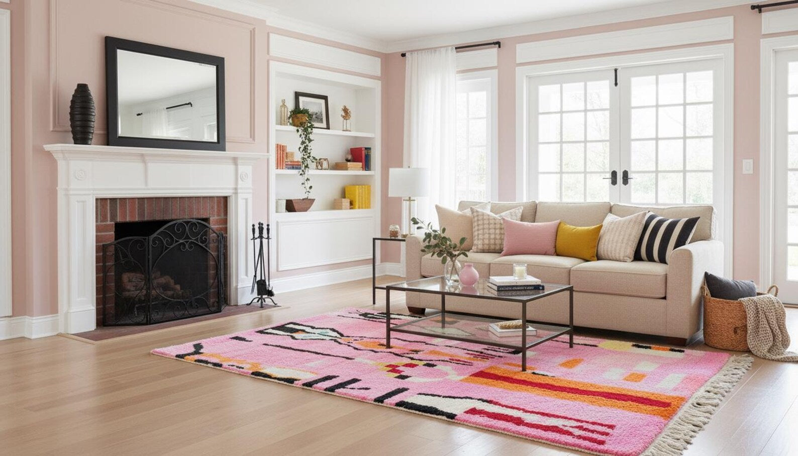 Pink Boujaad Moroccan rug with colorful tribal motifs and handmade wool texture