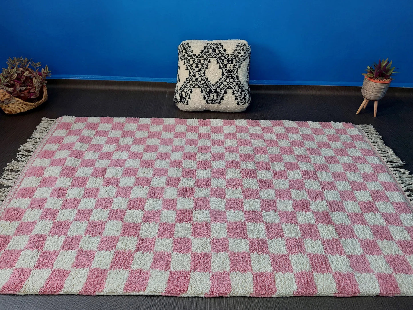 Pink and cream Berber rug with thick wool pile and artisan character 