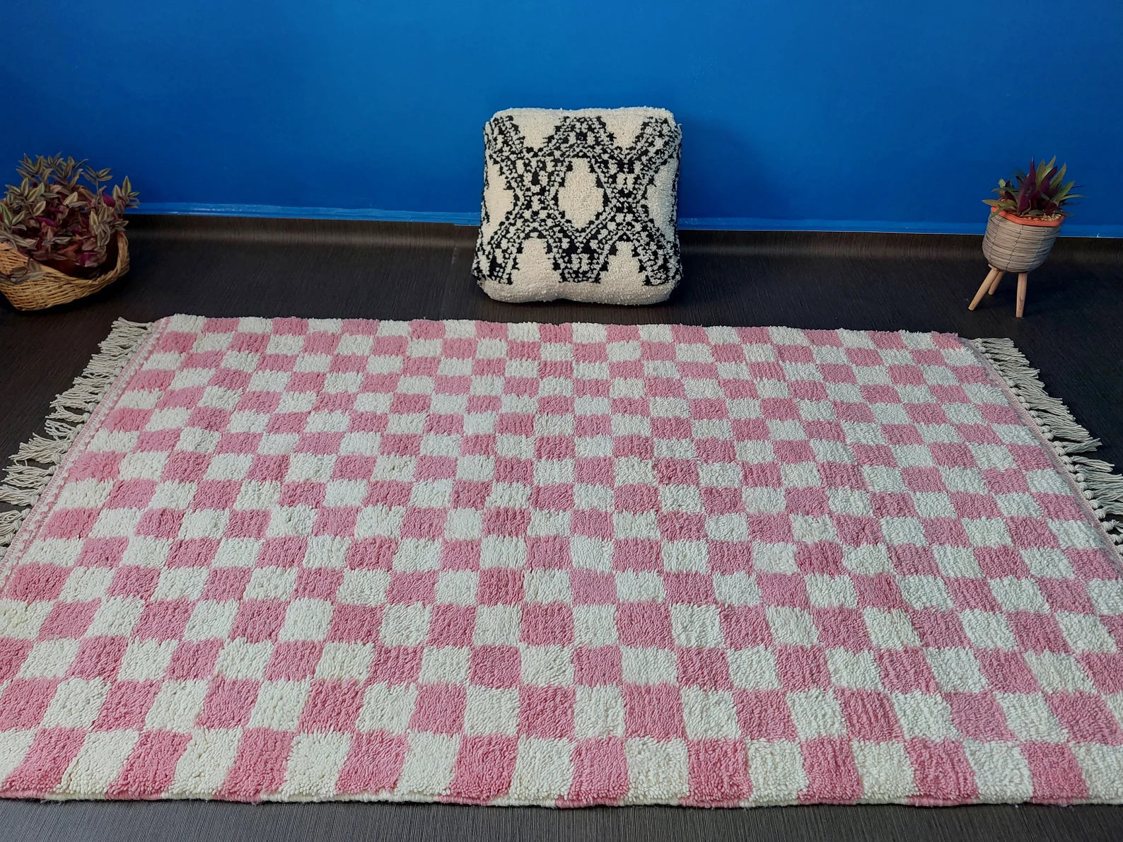 Pink and cream Berber rug with thick wool pile and artisan character 