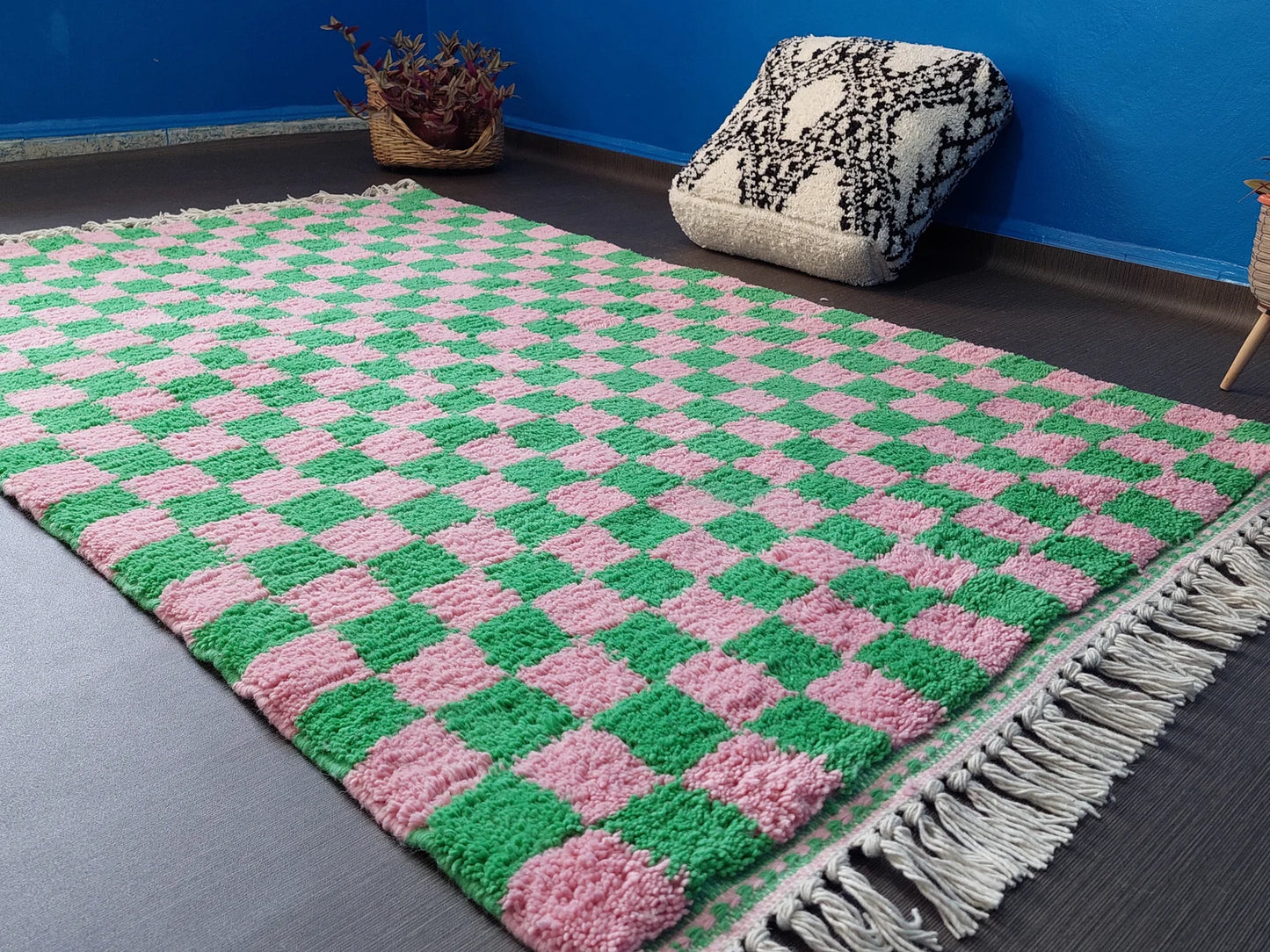 Pink and green checkered Moroccan handmade rug with soft wool texture 