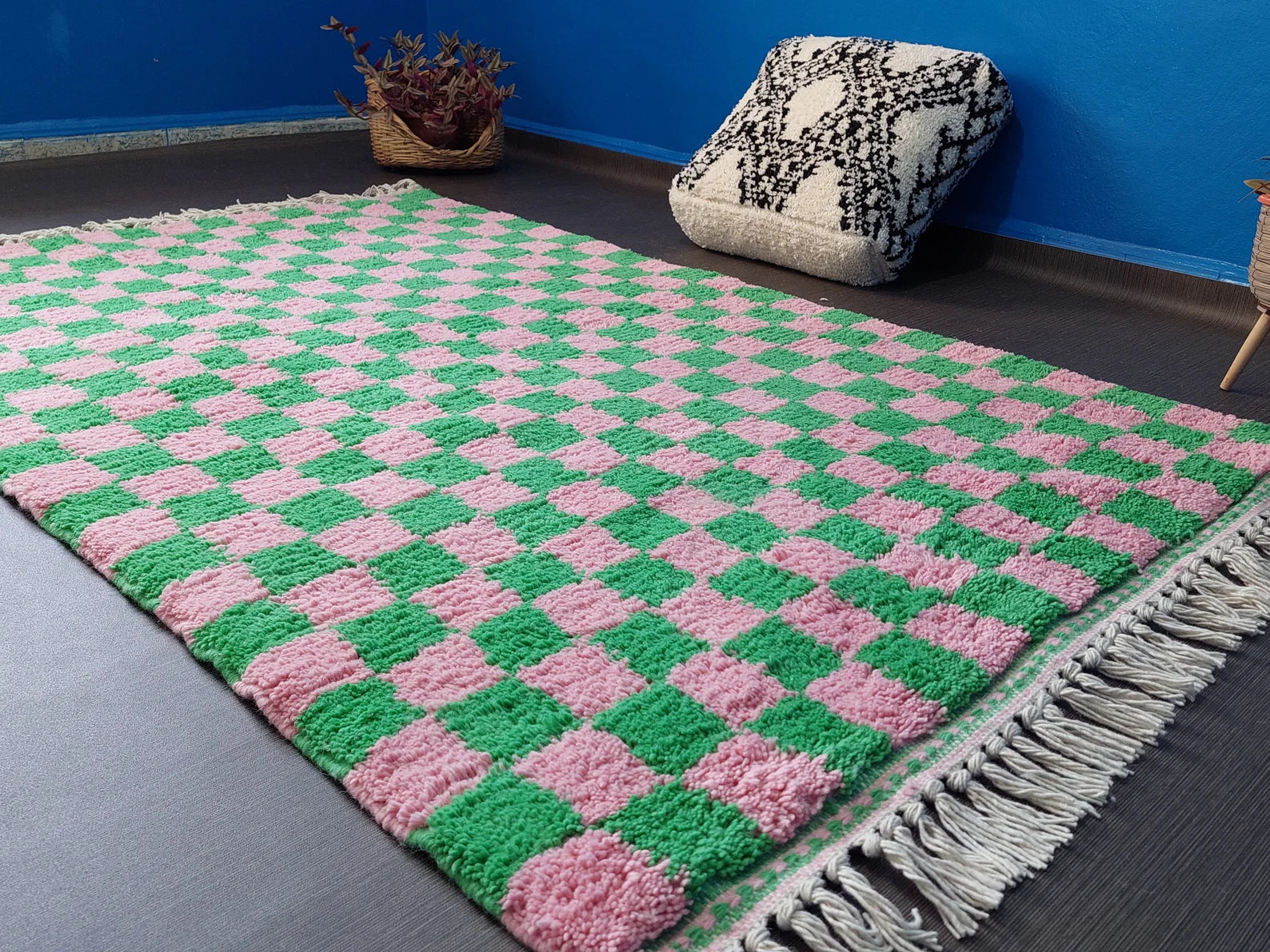Pink and green checkered Moroccan handmade rug with soft wool texture 