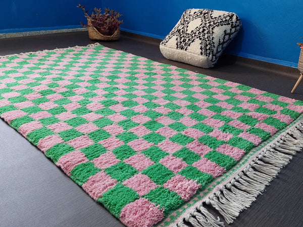 Pink and green checkered Moroccan handmade rug with soft wool texture 