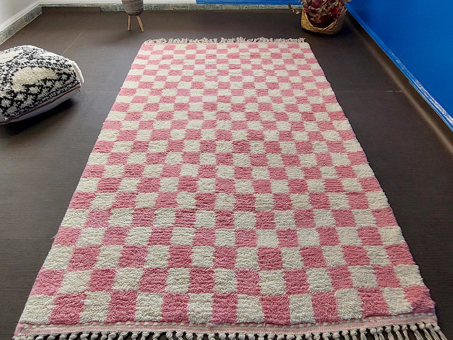 Pink and ivory checkered Moroccan handmade rug with soft plush wool texture 