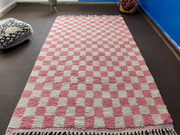 Pink and ivory checkered Moroccan handmade rug with soft plush wool texture 