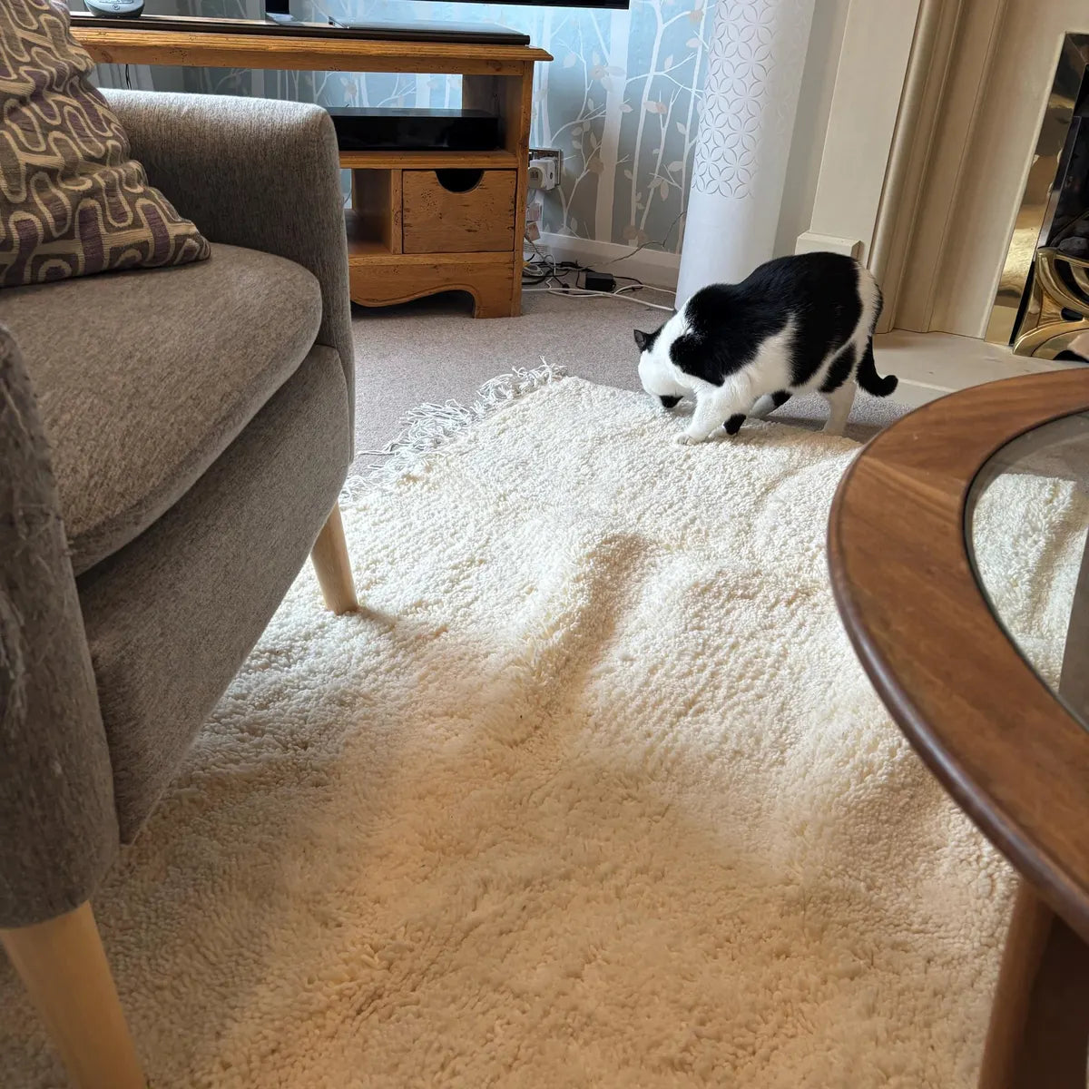Plush ivory wool area rug with thick pile and handmade Moroccan character