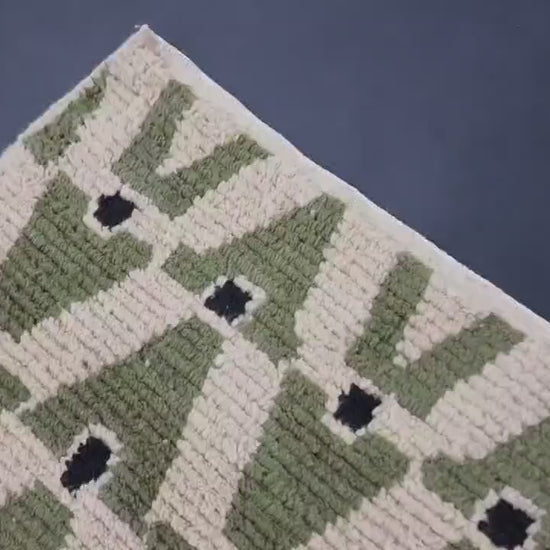 Custom size green Moroccan wool rug with handwoven geometric design