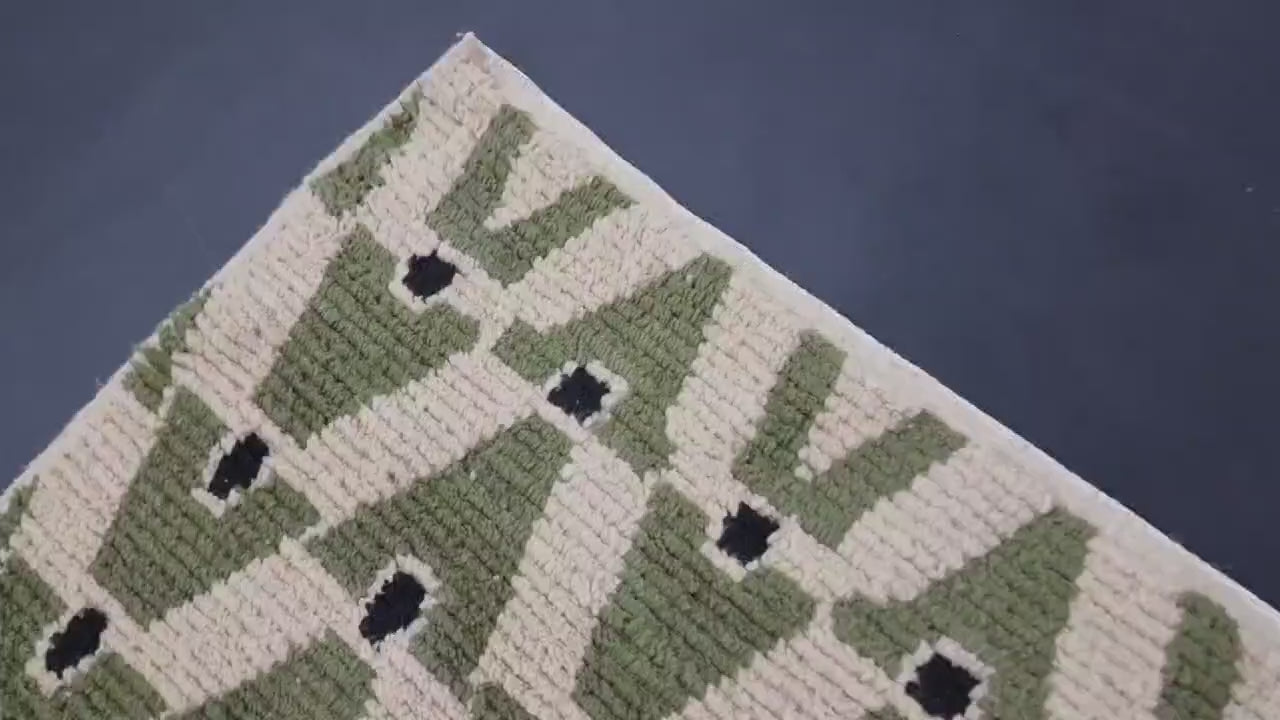 Custom size green Moroccan wool rug with handwoven geometric design