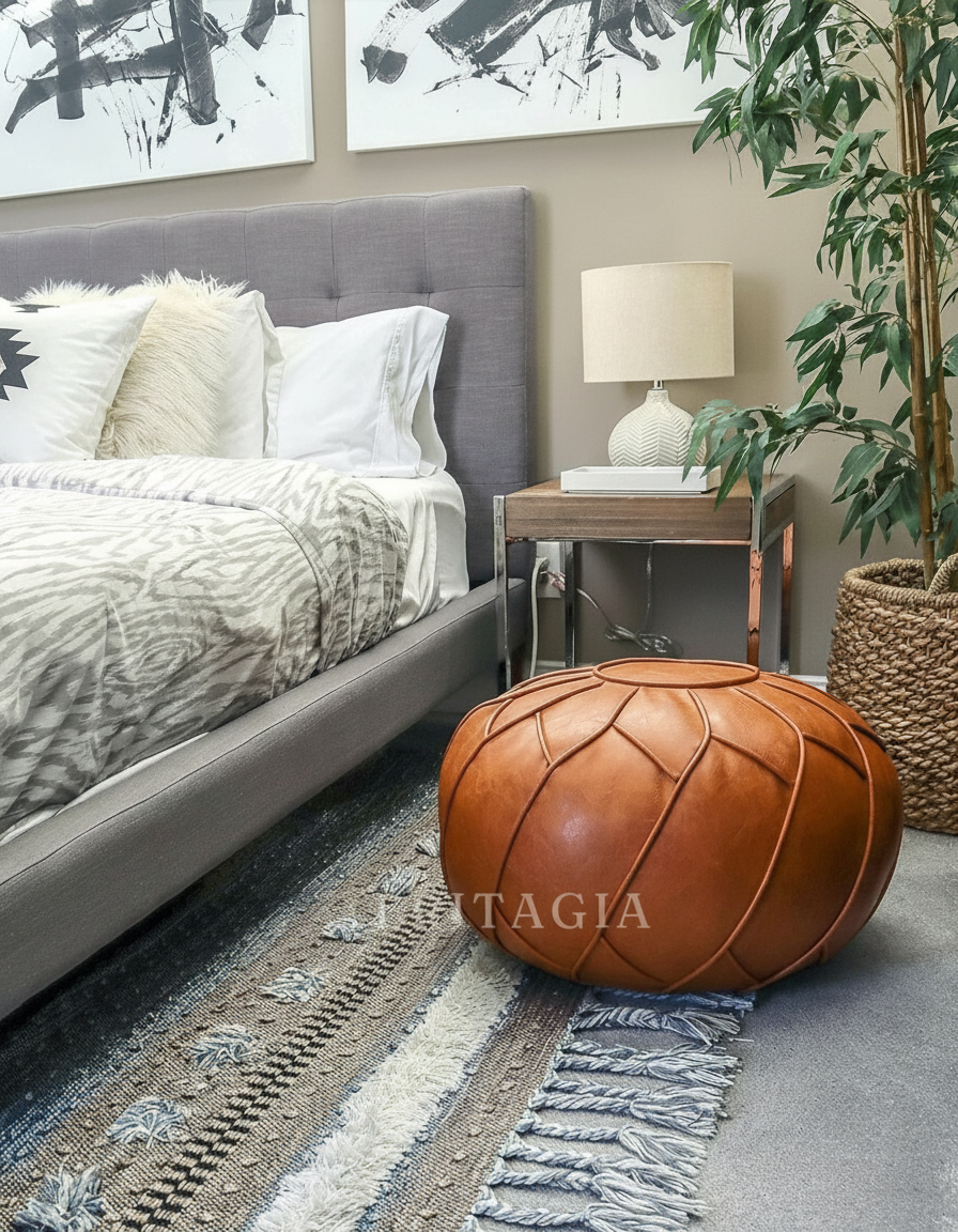 PU leather floor footrest cushion with Moroccan-inspired stitched design