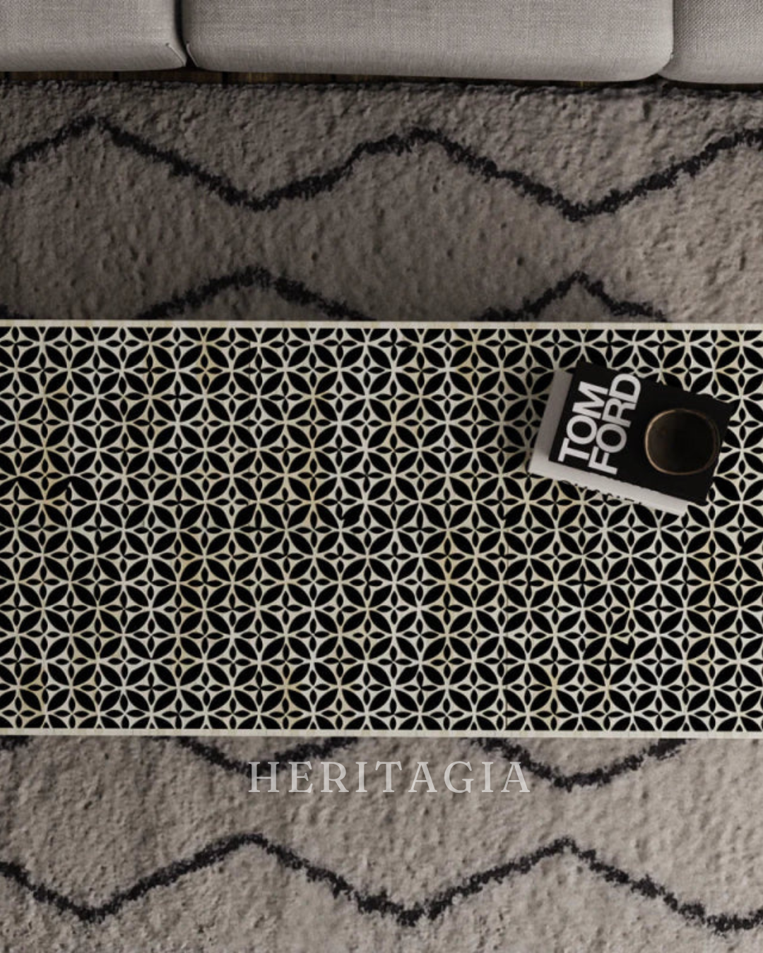 Rectangular lattice inlay coffee table with black decorative motif