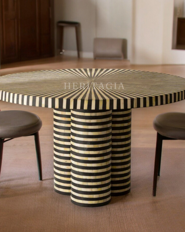 Round bone inlay dining table in black and white handmade design 