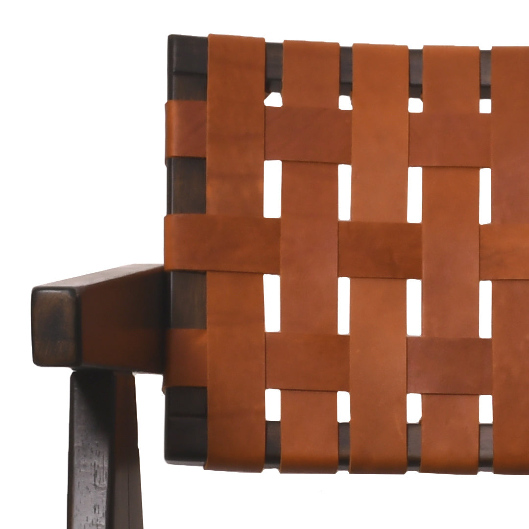 Rustic wood accent chair with woven brown leather strap backrest 