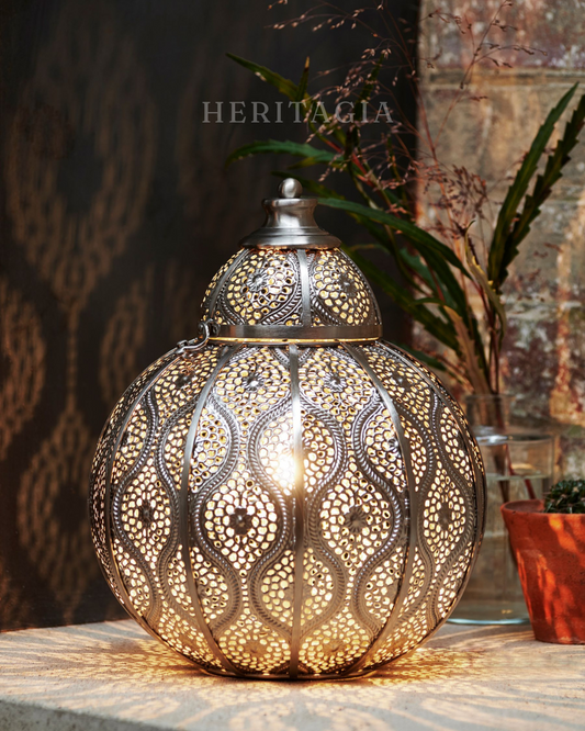 Silver Marrakech Table Lamp with brushed chrome filigree detailing for Moroccan home decor 