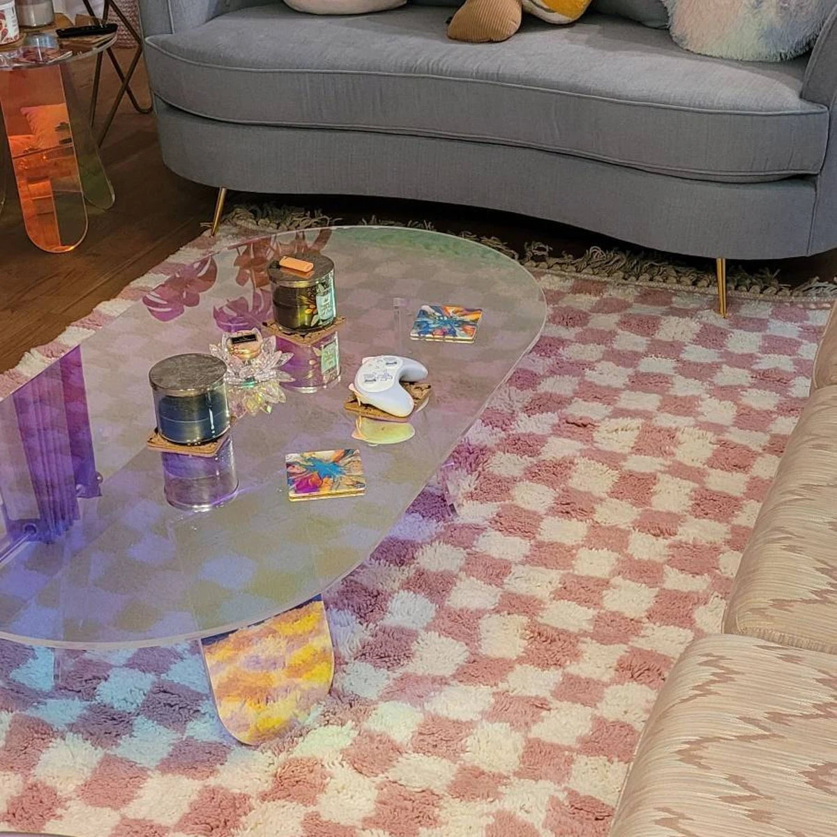 Soft wool Berber checkerboard rug styled for cozy bedroom and living room decor 