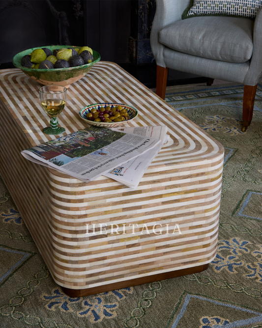 Stripe bone inlay coffee table in a luxury Moroccan living room 