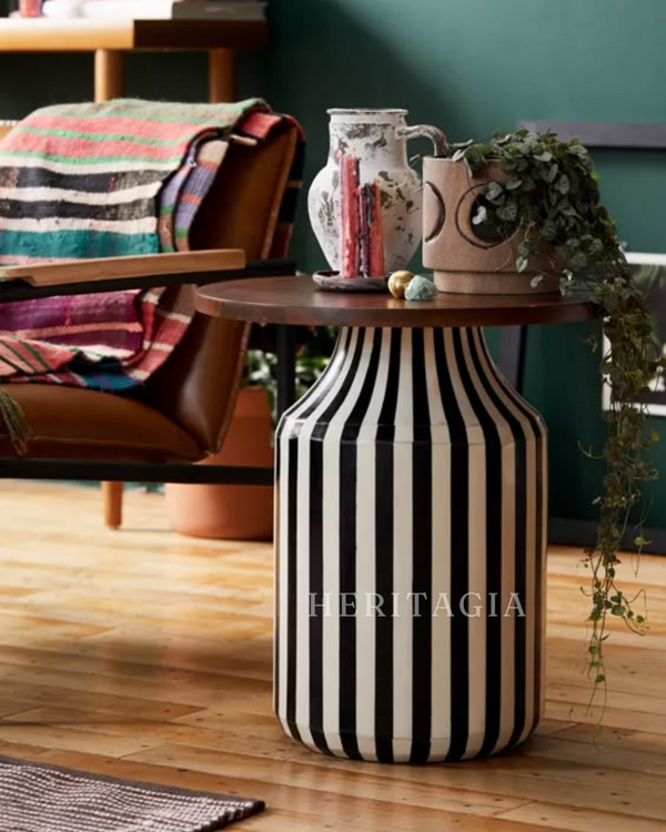 Stripe Side Table with black white base and wooden top