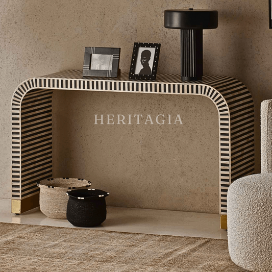 Striped bone inlay console table handmade in modern Moroccan design