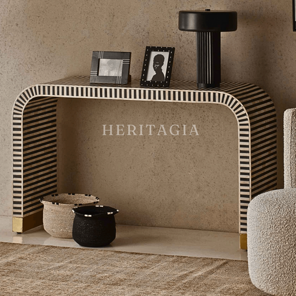 Striped bone inlay console table handmade in modern Moroccan design