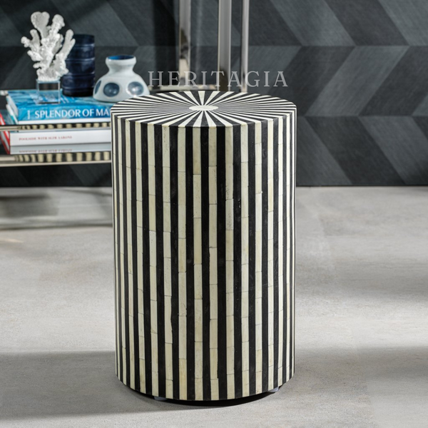 Striped bone inlay side table with black and white cylinder design