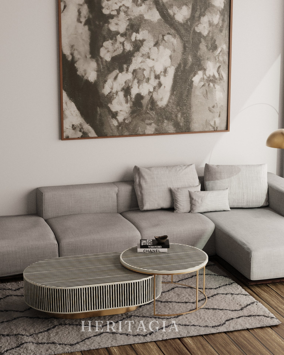 Striped oval and round coffee table set for luxury living rooms