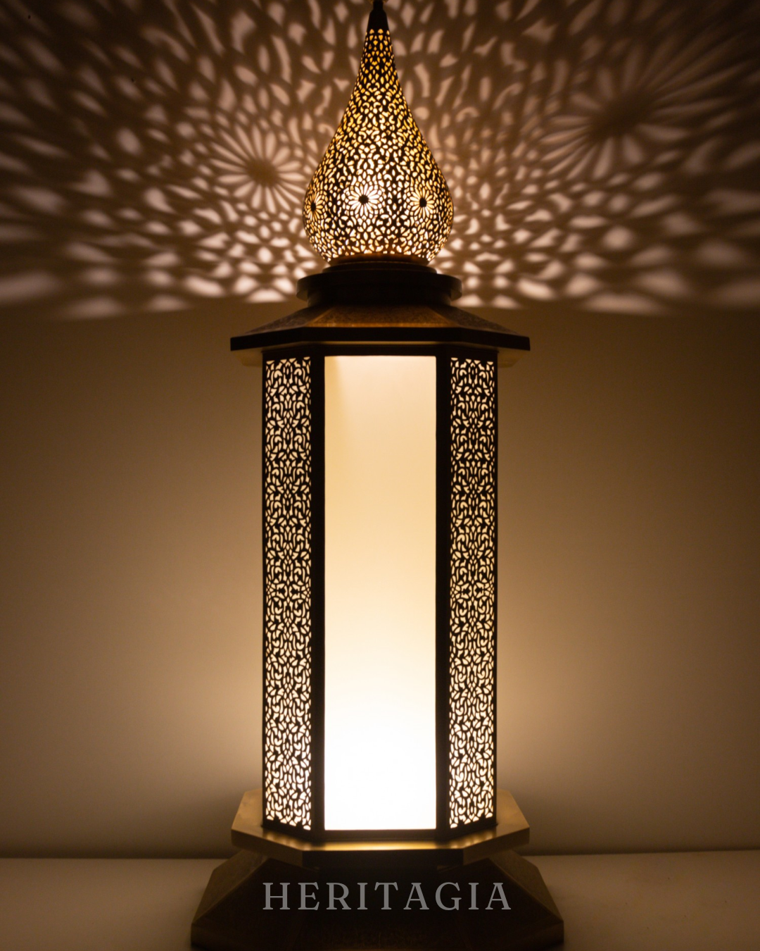 Tall Moroccan Brass Floor Lantern with frosted glass panels and artisan detailing 