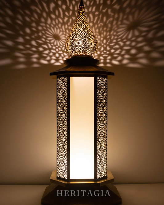 Tall Moroccan Brass Floor Lantern with frosted glass panels and artisan detailing 