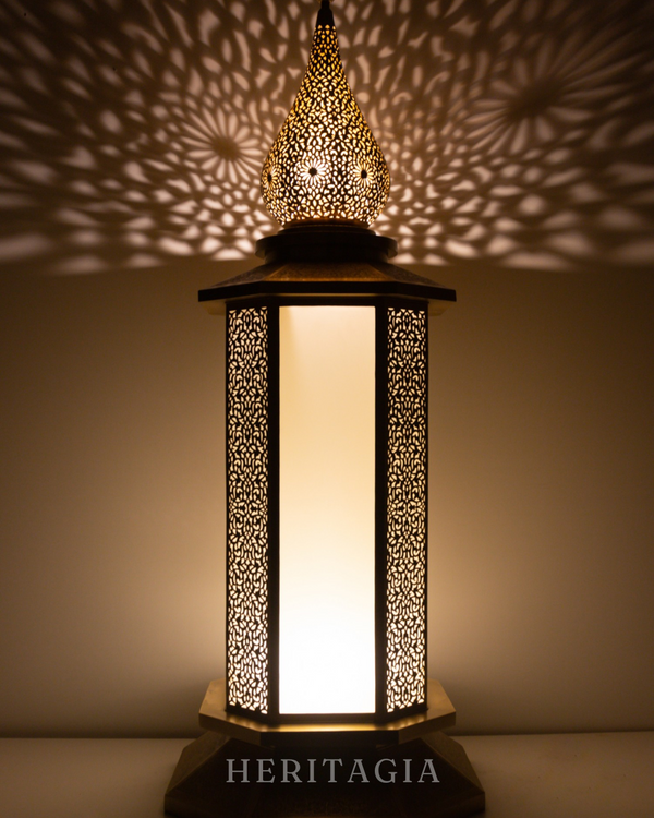 Tall Moroccan Brass Floor Lantern with frosted glass panels and artisan detailing 