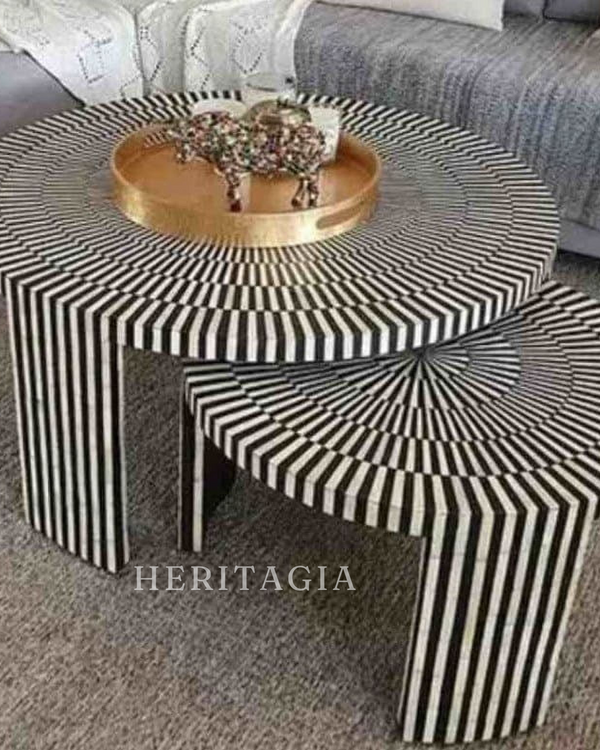 Twin bone inlay coffee table in black and white striped design 