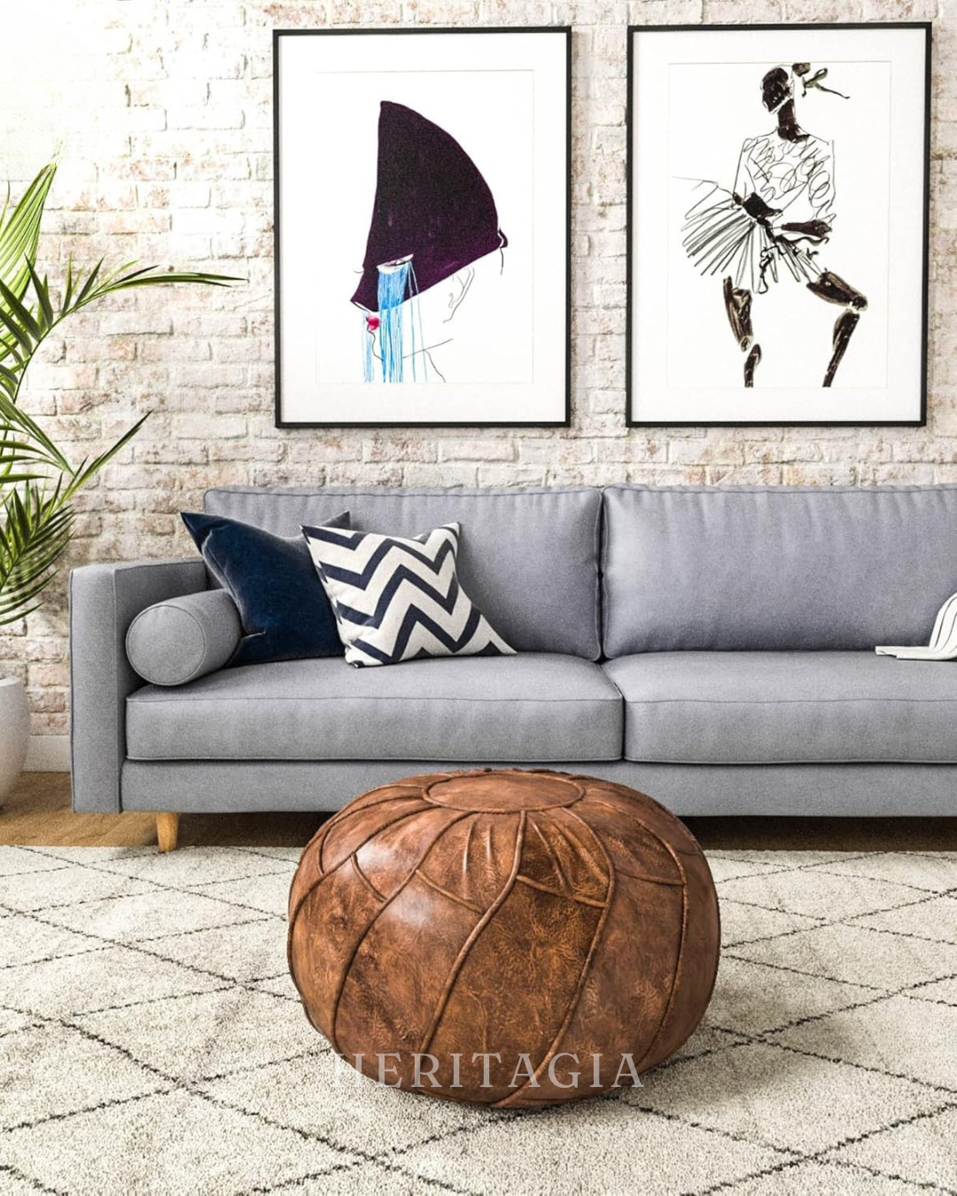 Unstuffed Moroccan footstool pouf cover in brown faux leather finish 