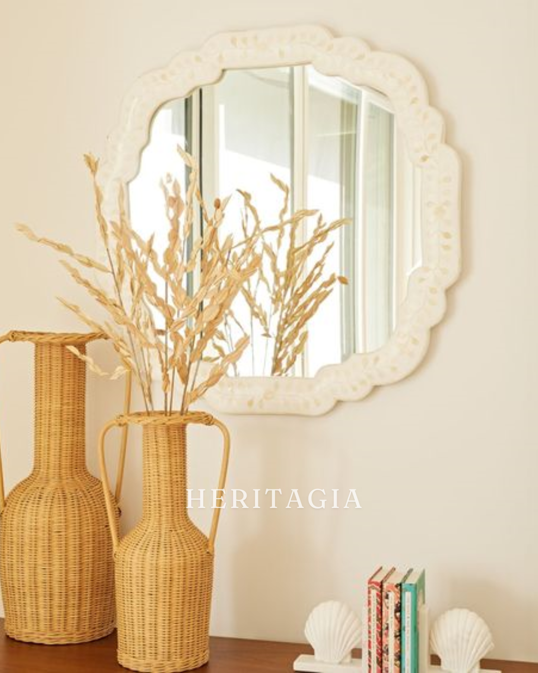 White bone inlay round wall mirror with a soft scalloped artisan frame 