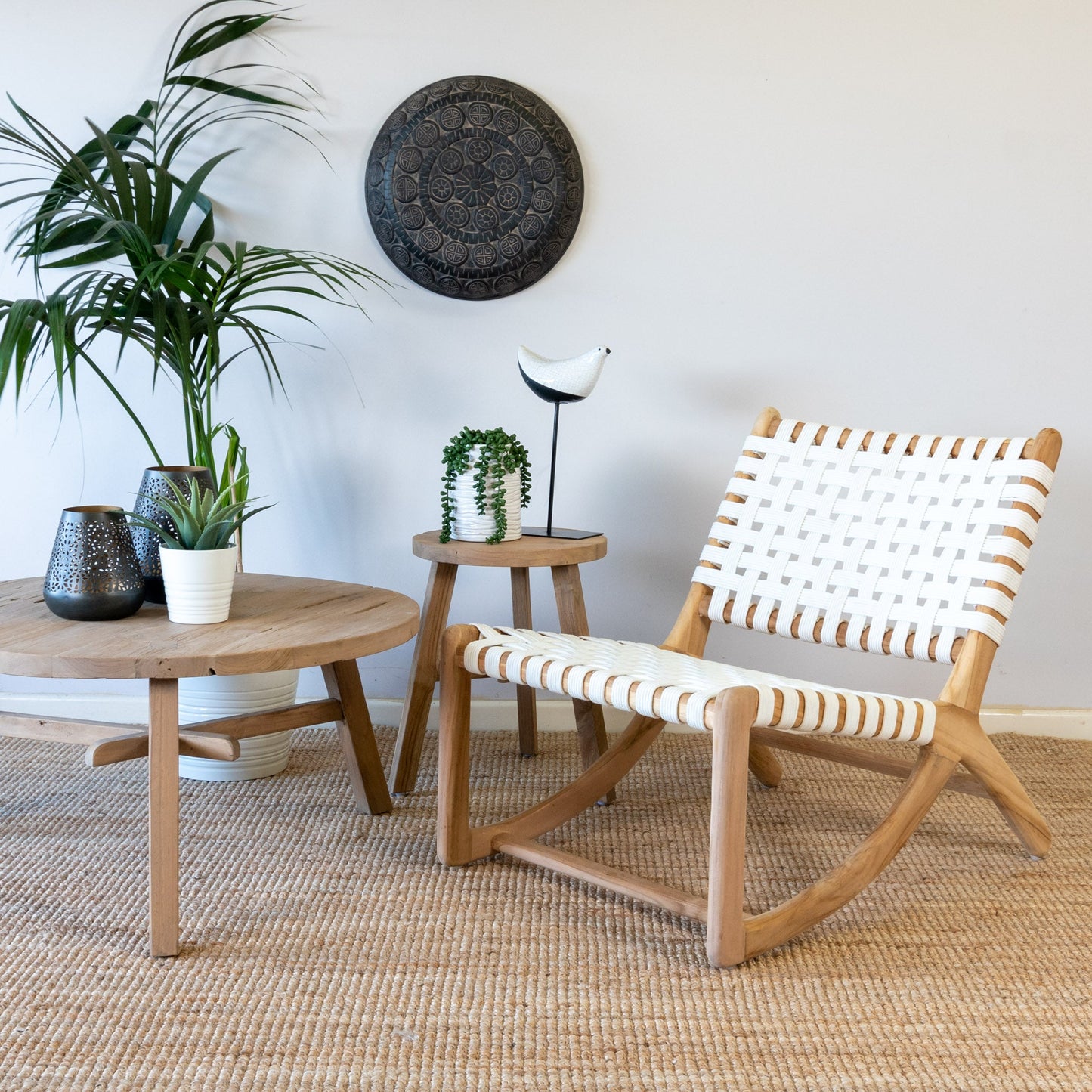Natural solid wood and white leather woven accent chair 