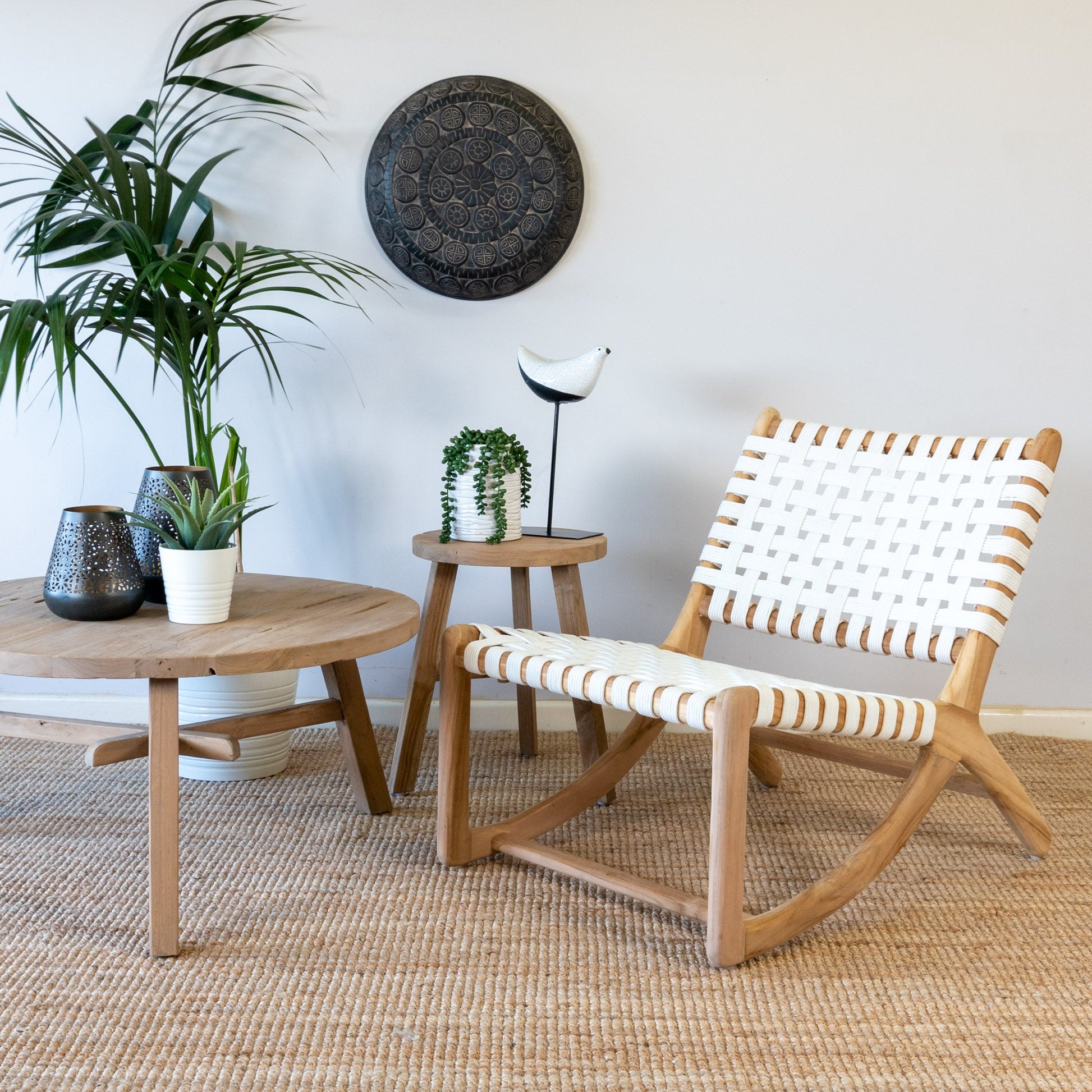 Natural solid wood and white leather woven accent chair 
