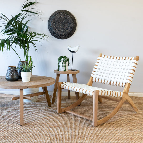 Natural solid wood and white leather woven accent chair 