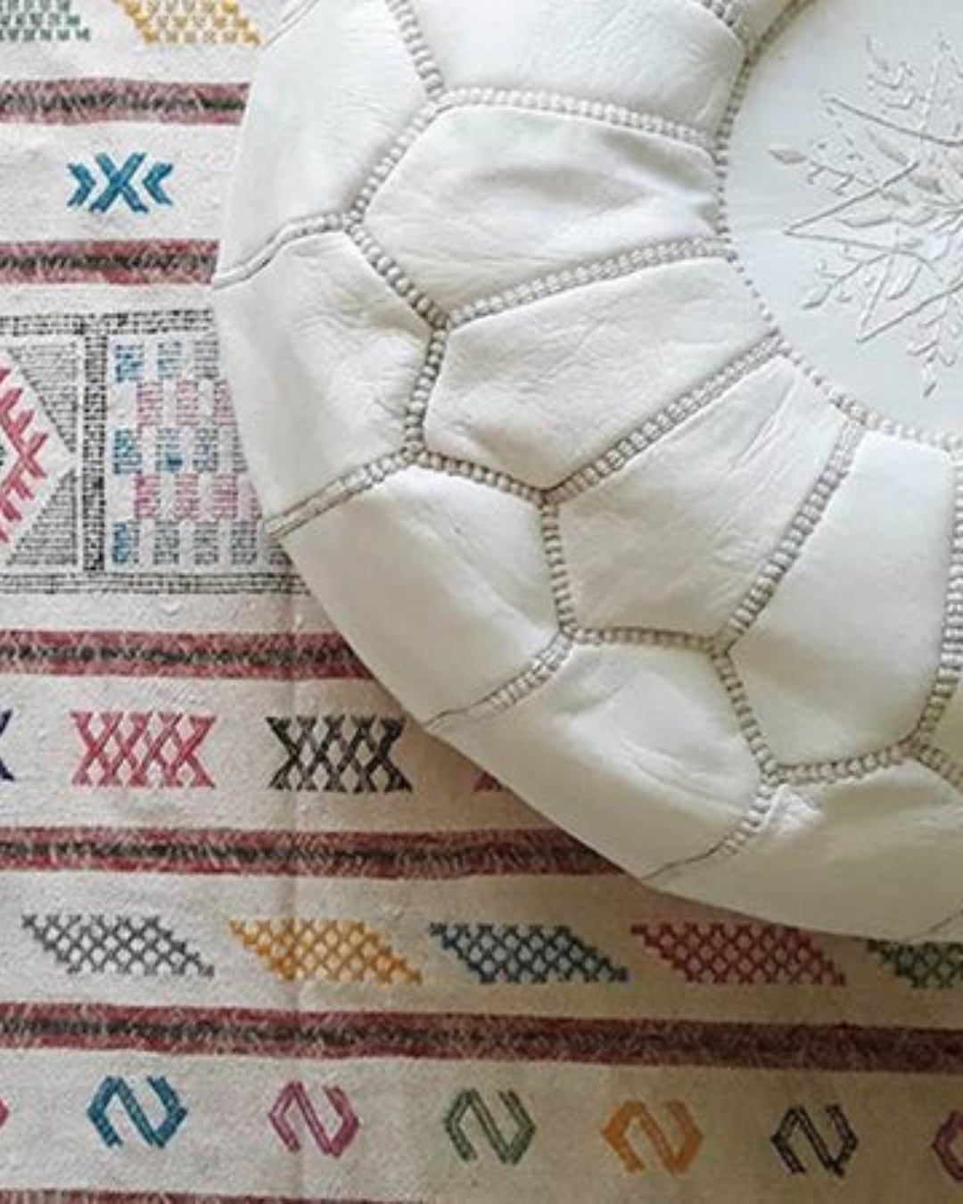 White Moroccan leather pouf ottoman for luxury home decor and floor seating 