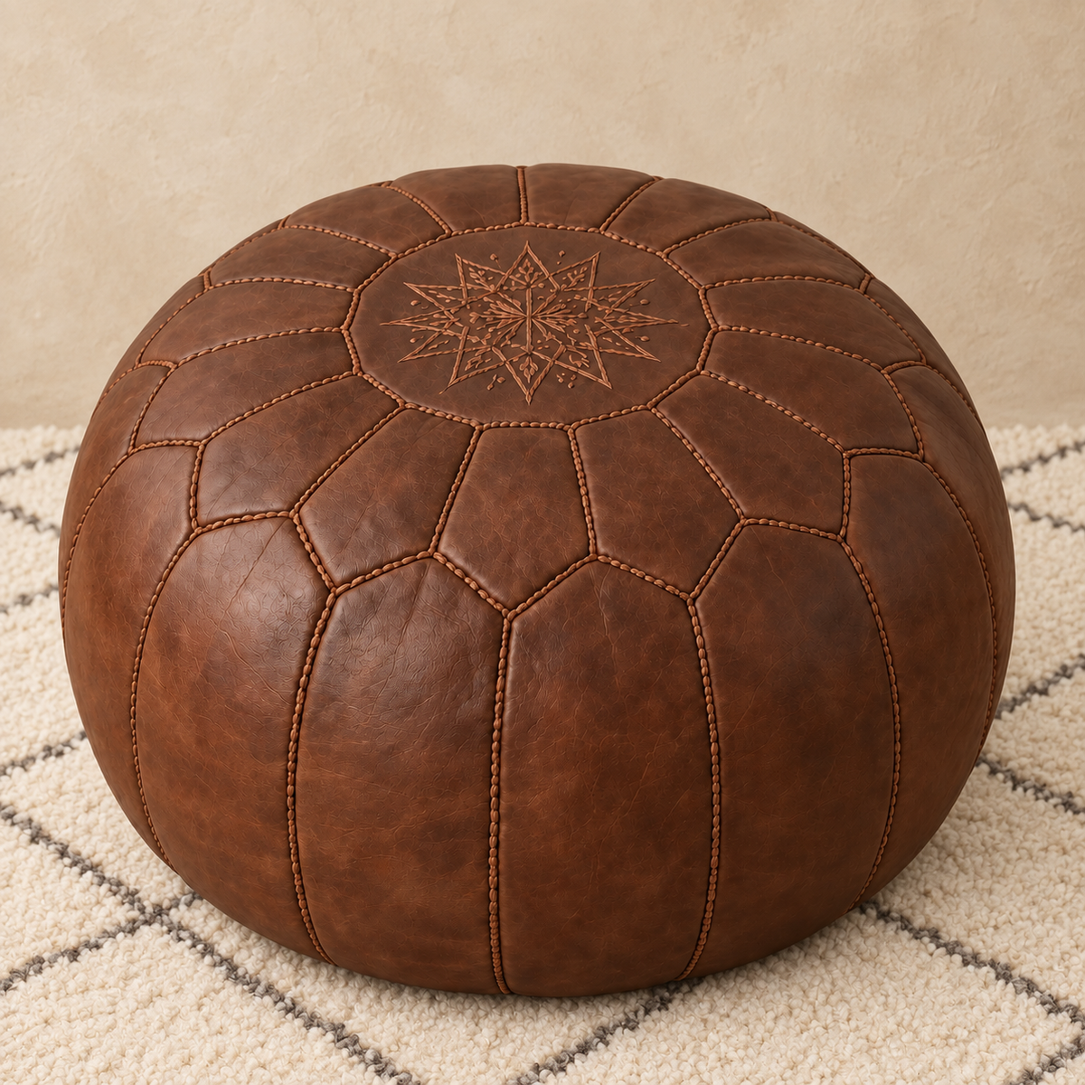 Atlas Classic Leather Pouf in Brown on Brown, main view