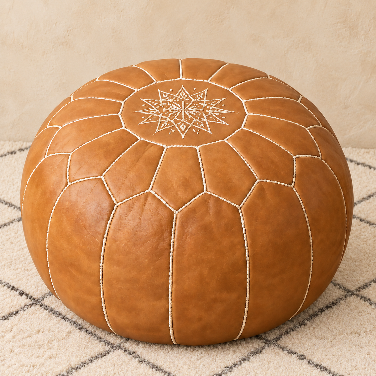Atlas Classic Leather Pouf in Caramel, main view