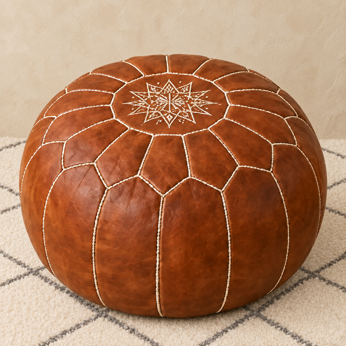 Atlas Classic Leather Pouf in Cognac, main view