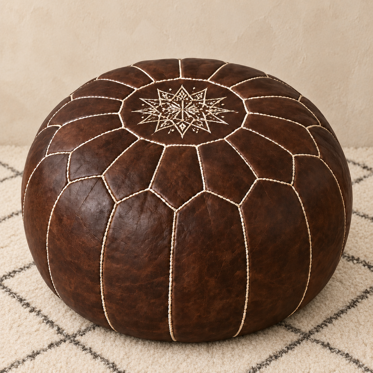 Atlas Classic Leather Pouf in Dark Brown, main view