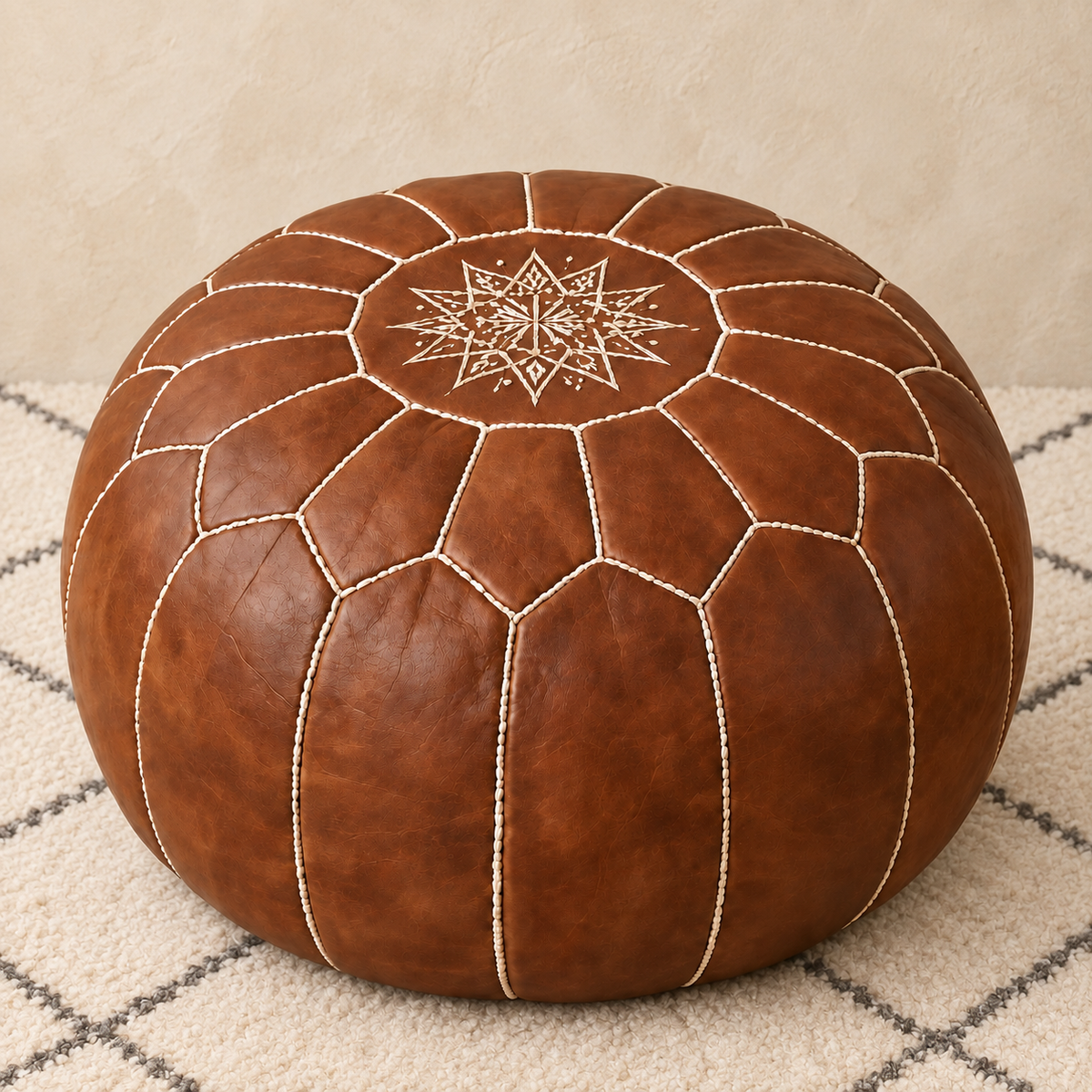 Atlas Classic Leather Pouf in Dark Tan, main view