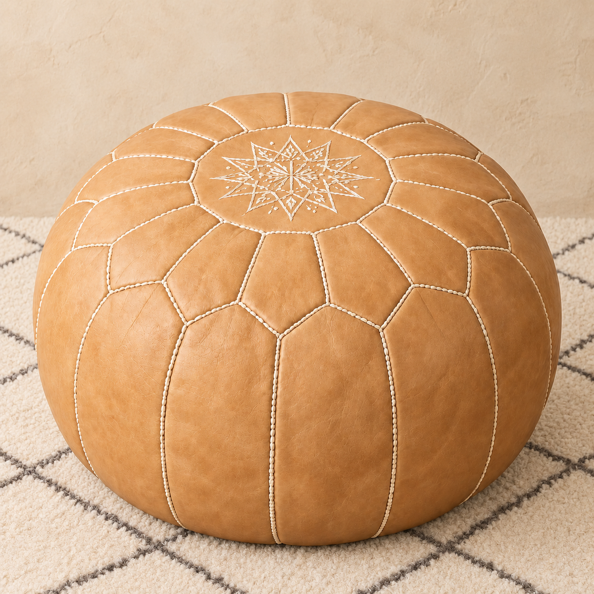 Atlas Classic Leather Pouf in Light Tan, main view