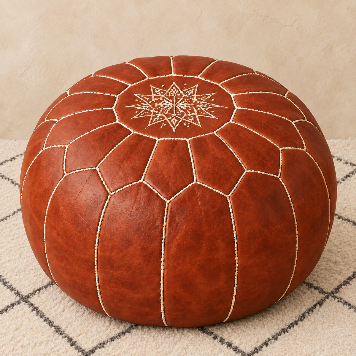 Atlas Classic Leather Pouf in Rust Brown, main view