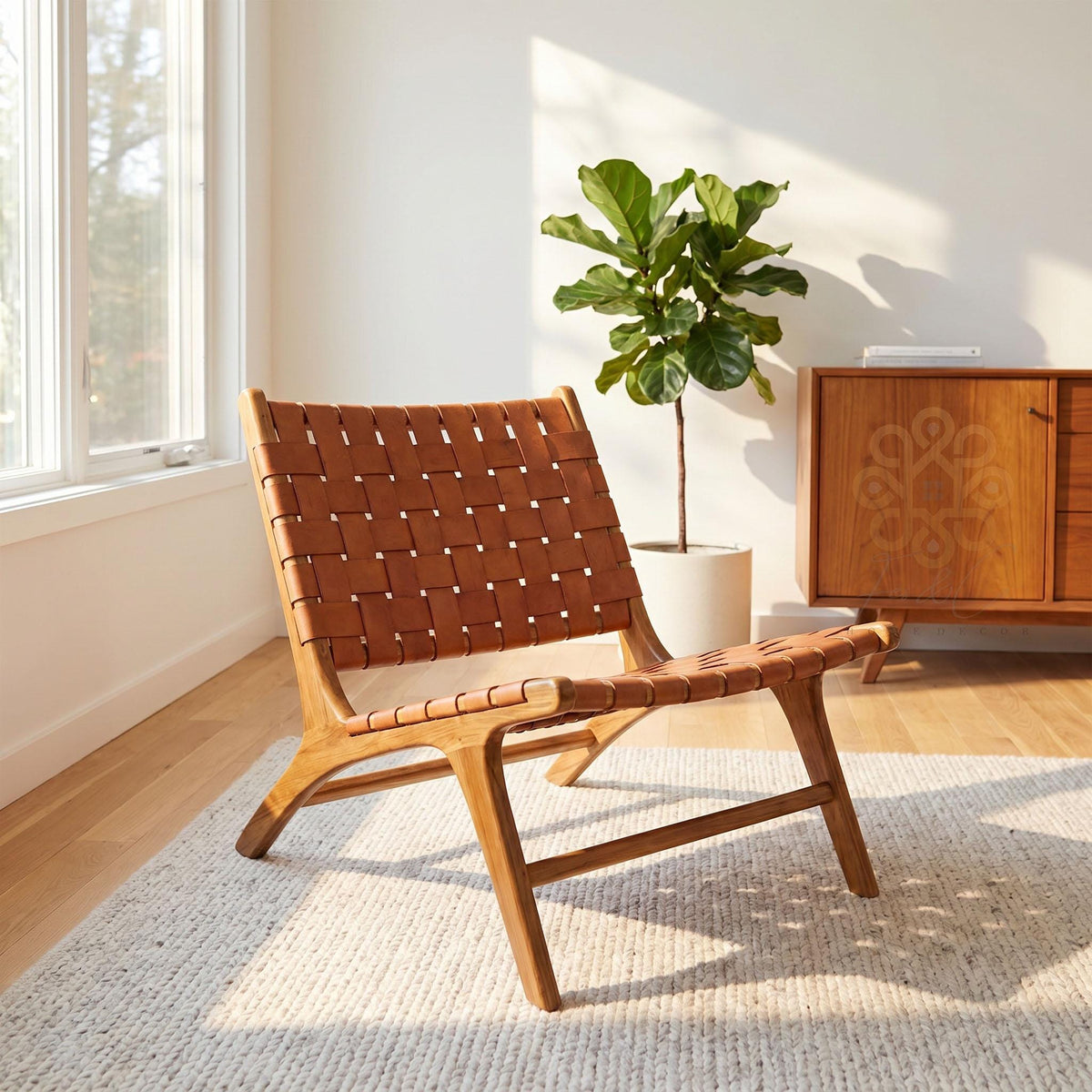 Saddle Cognac Chair — Side angle; supporting photography shown in cognac leather
