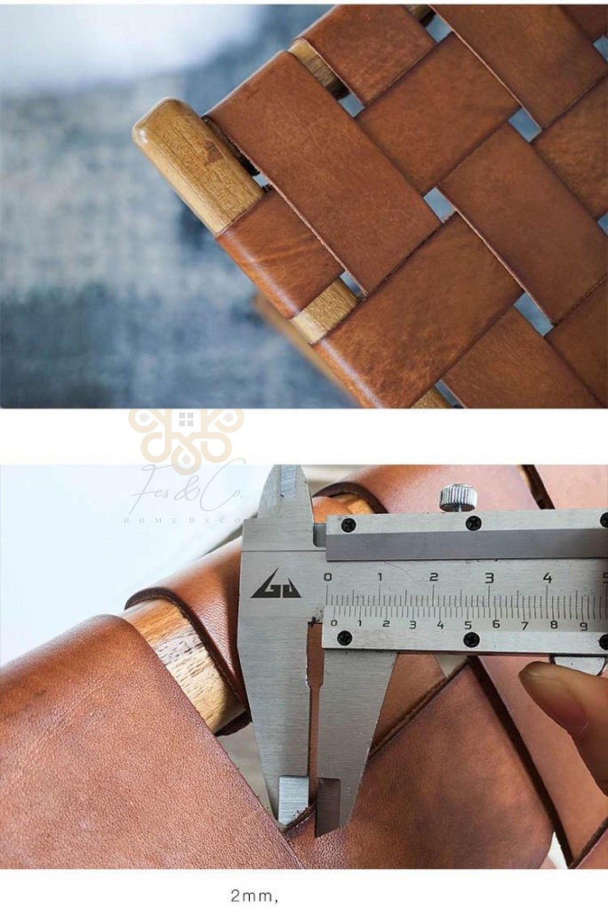 Saddle Cognac Chair — Woven leather detail; supporting photography shown in cognac leather