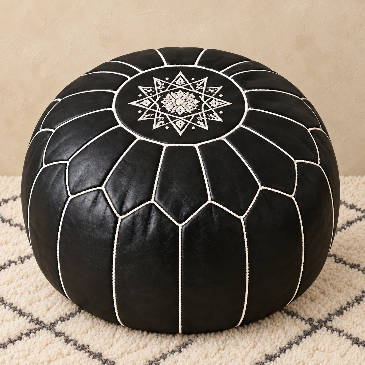 Majorelle Colour Leather Pouf in Black with White, main view