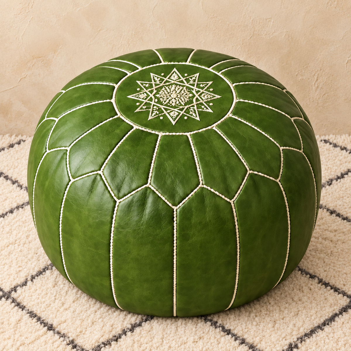 Majorelle Colour Leather Pouf in Green, main view