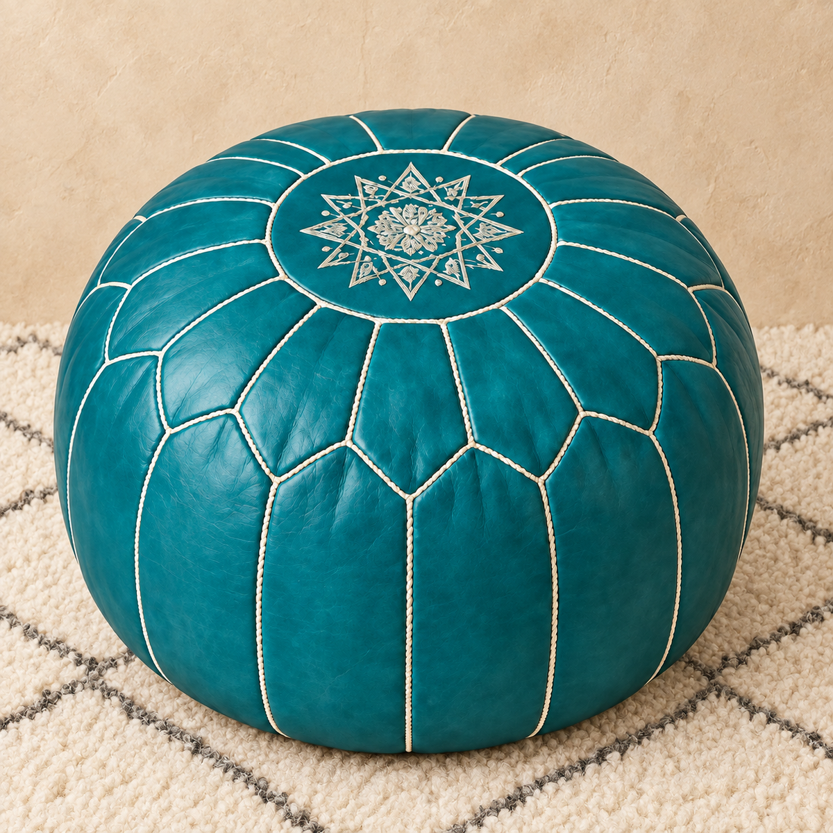 Majorelle Colour Leather Pouf in Teal, main view
